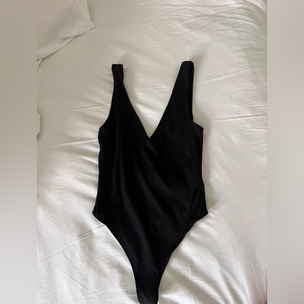 House of Harlow Black Ribbed Thong Bathing Suit